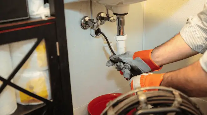 Drain cleaning technician using a motorized plumbing snake to clear a clogged sink pipe in Overland Park, KS